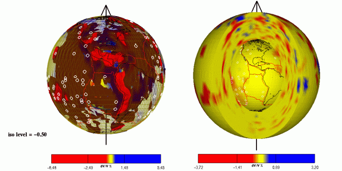 3D view of the Earth's mantle showing seismic tomoraphy results over a cutplane that goes through all the depth layers (image1) and over the whole domain with an isosurface (image2).