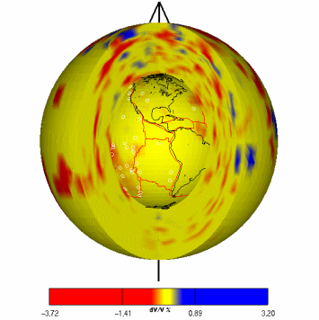 3D view of the Earth's mantle showing seismic tomoraphy results over a cut
plane that goes through all the depth layers.